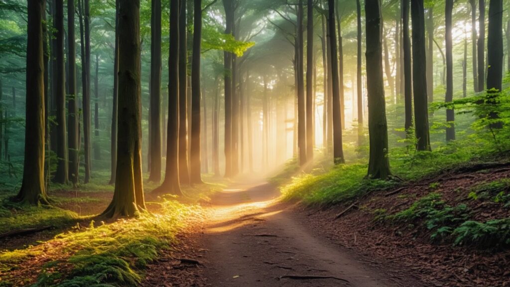 Sunlight shining through the trees as an analogy to the exposure of hidden ambiguity to make the path through the forest of trees and business commitments clearer to see.