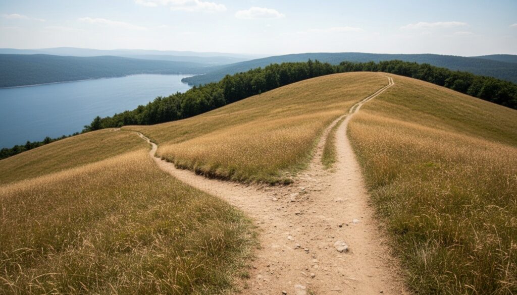 A quiet and unhurried scene. We are on a path walking along the ridge of a hill, with the trees now behind us. Ahead, the path continues onto open grassland. The path clearly splits at this point, with both paths visible at the same time.