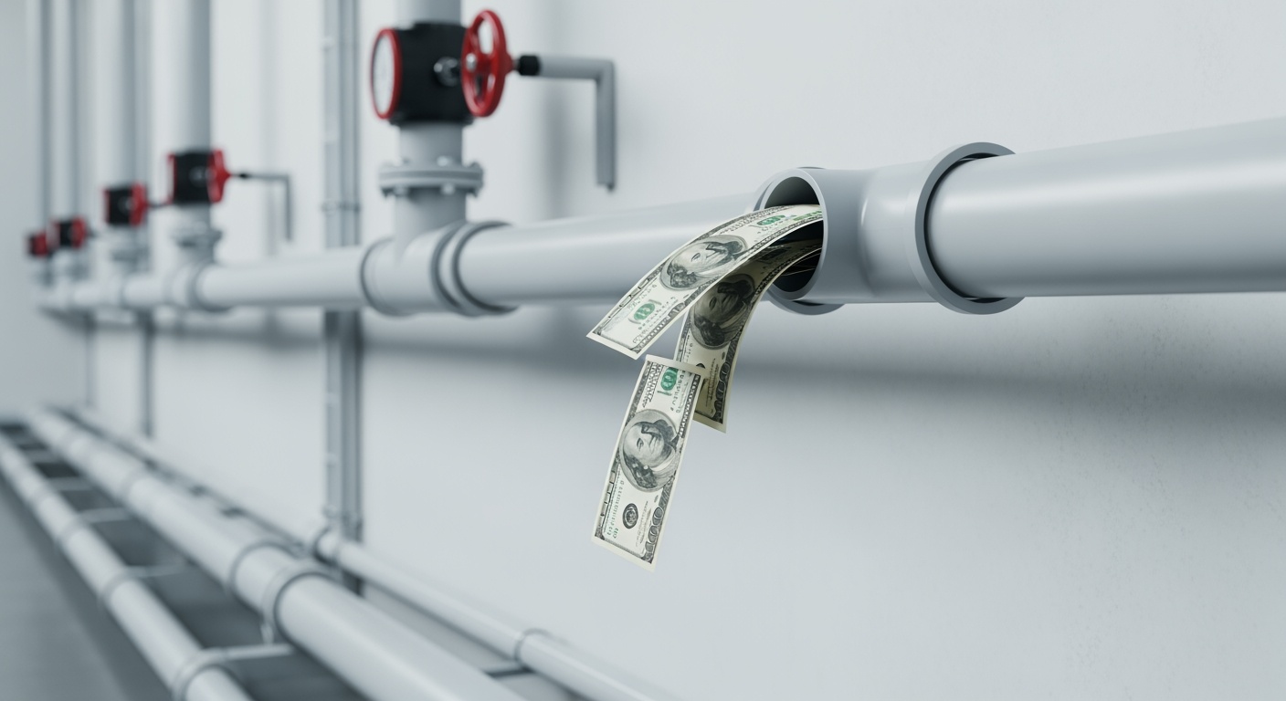 Installed pipe work, with a missing element, leaking dollar bills through the open hole.