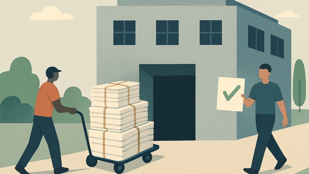 A modern factory depot with papers being taken in on a cart and a green tick being delivered as an output.