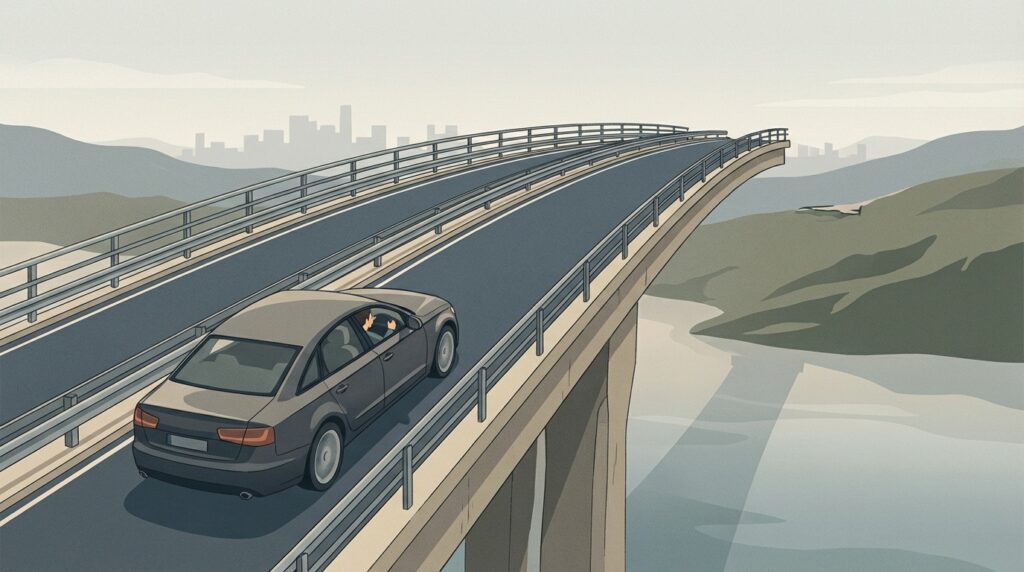 Car is approaching the crest of a bridge, proceeding normally. The driver assumes all is well. The viewer can see there is no remaining span of the bridge. It's a sheer drop.